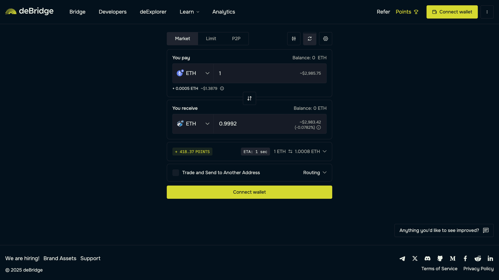 Trade details for 1 ETH