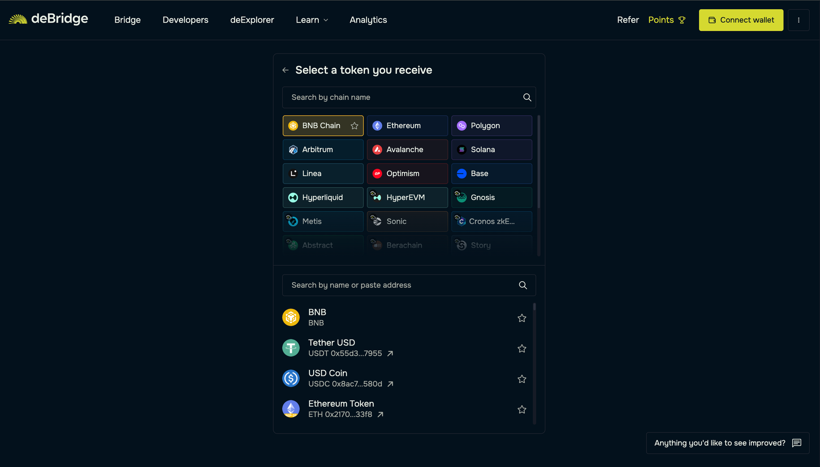 Asset Selection from BNB Chain in deBridge app