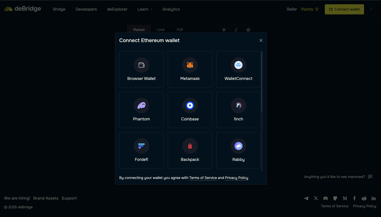 List of available options for connecting EVM Wallet on deBridge app