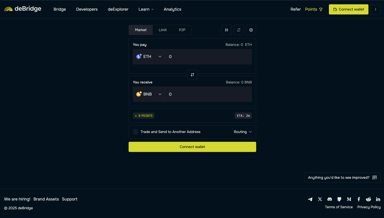 deBridge UI showing the bridging process from Ethereum to Binance Smart Chain
