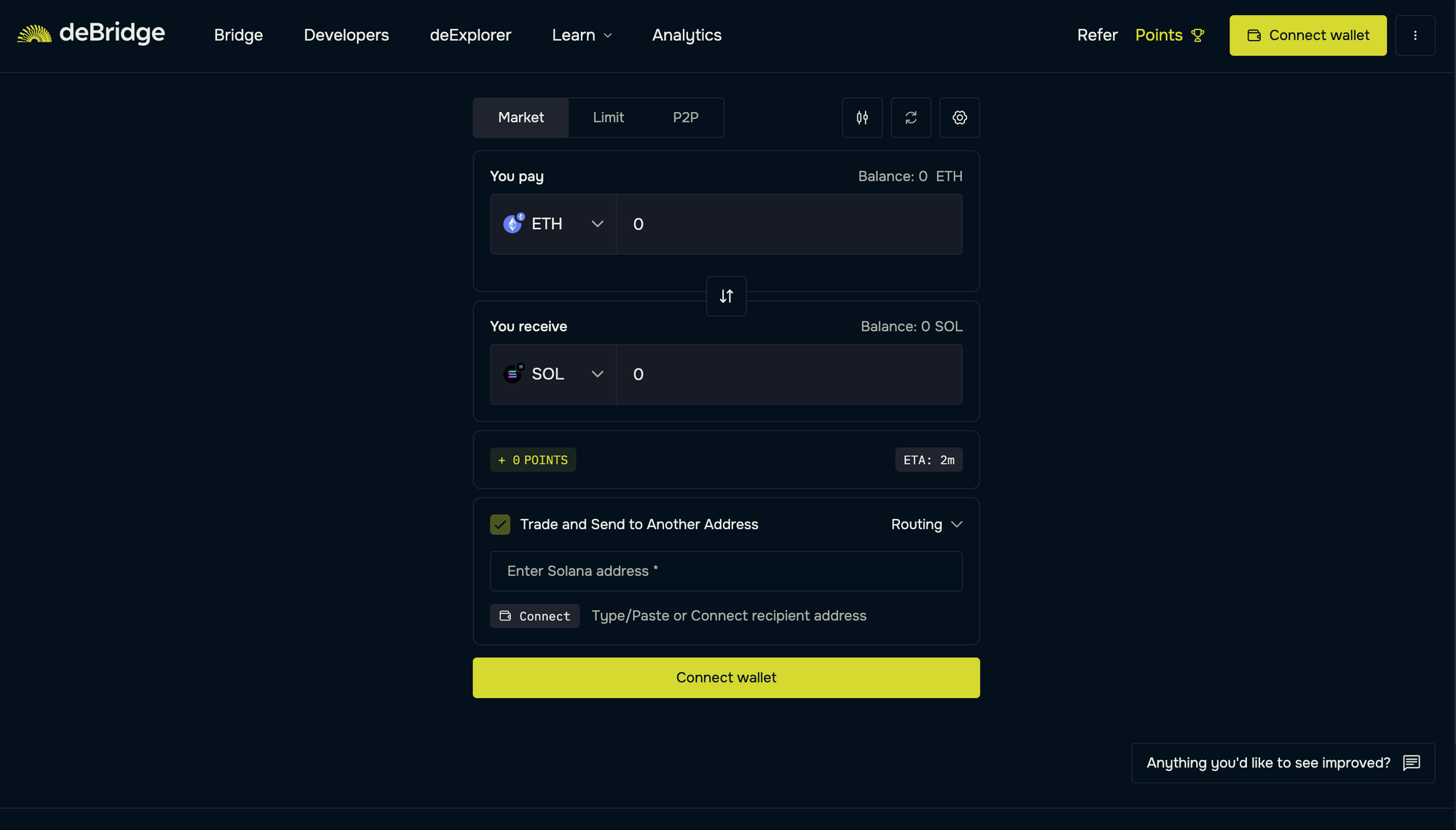 Screenshot of deBridge UI for Ethereum to Solana transfers