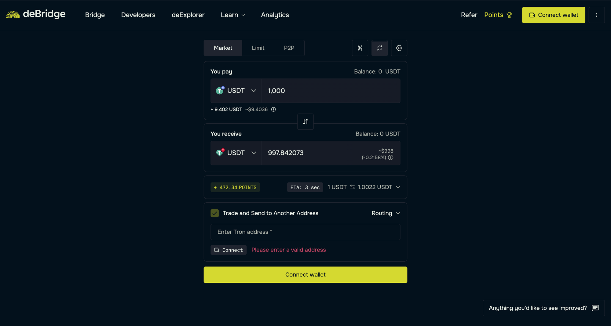 The image shows how much USDT you will receive in Tron when bridging from Ethereum