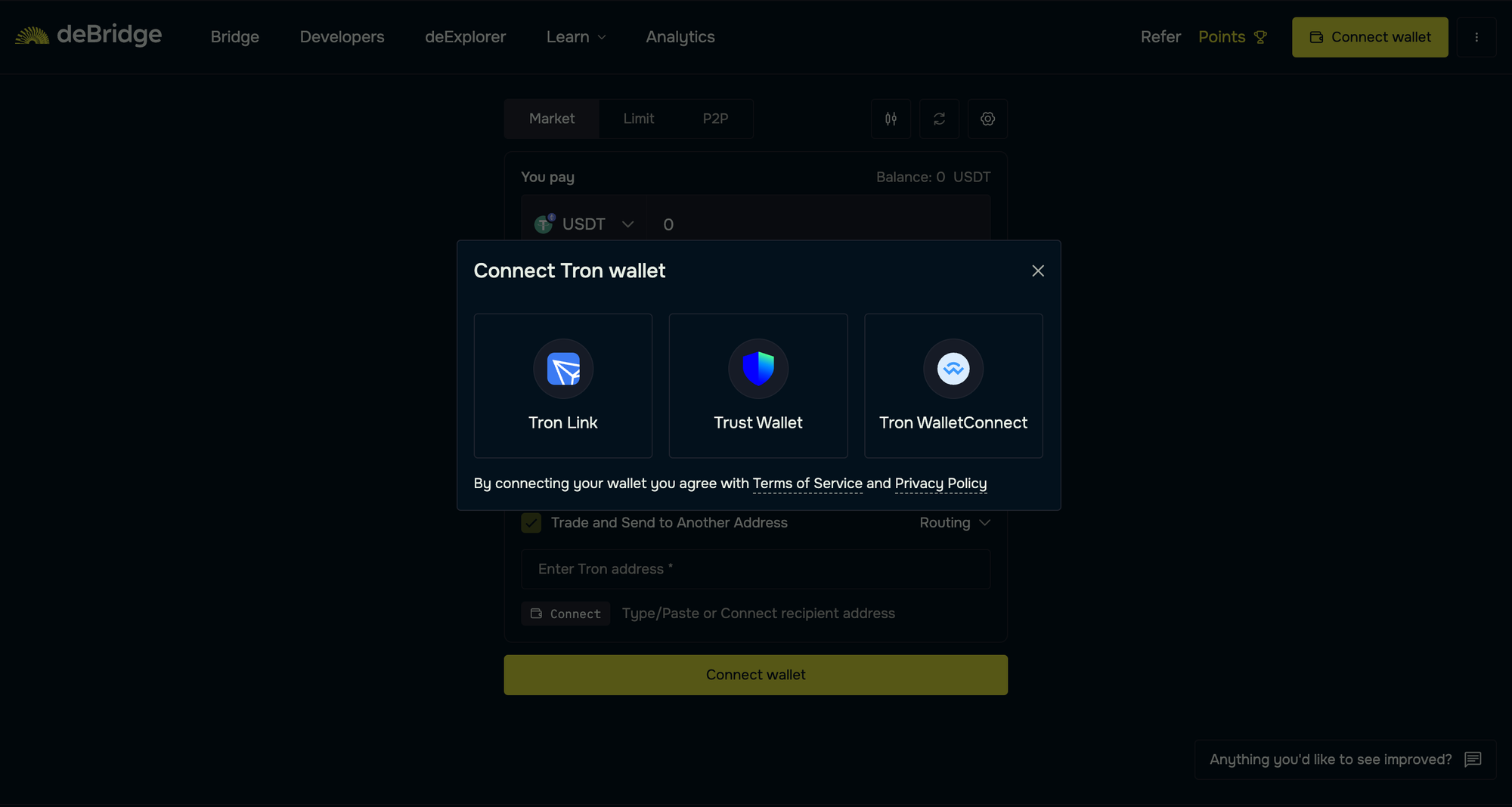 Connect your Tron wallet for bridging from your Ethereum wallet