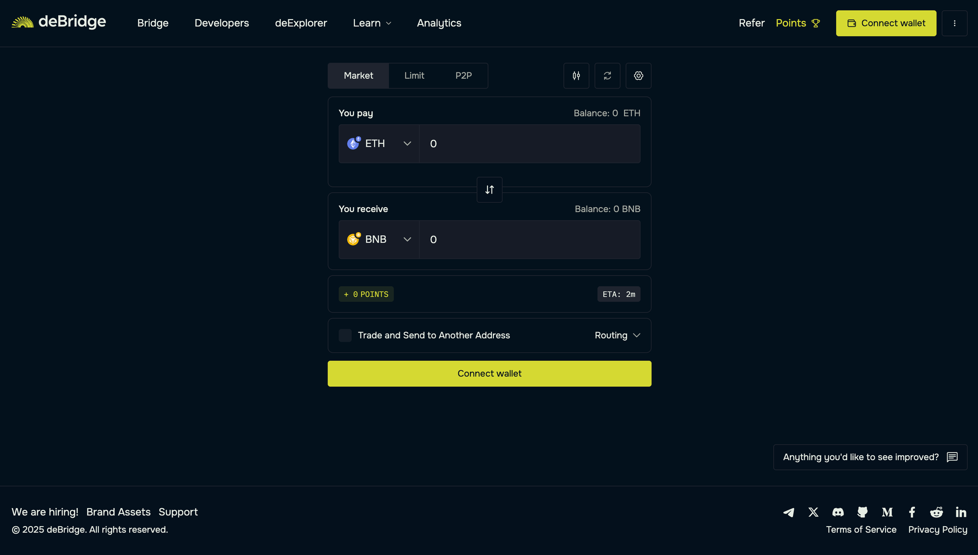 Screenshot of deBridge UI for bridging from Ethereum to BNB Chain