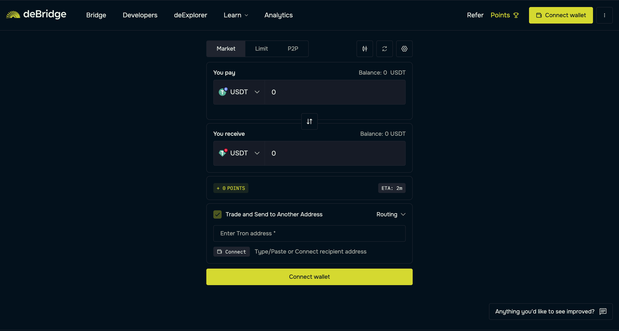 deBridge UI for bridging from Ethereum to Tron