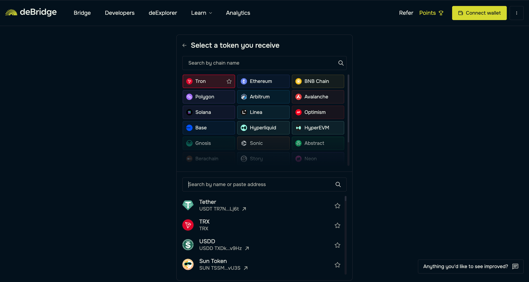 Select asset on the Tron blockchain